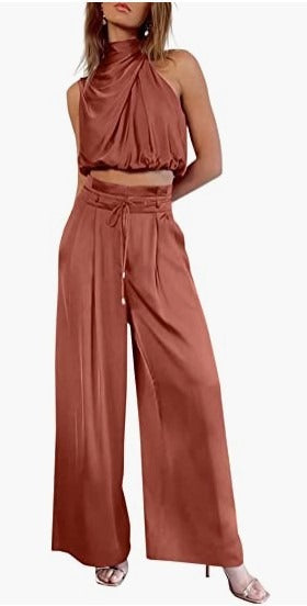 Women's 2-piece set, summer casual sleeveless collar exposed navel top, wide leg pants set