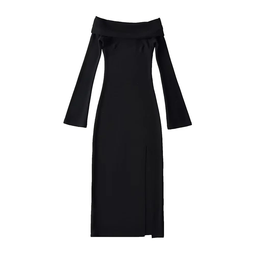 French vintage double-sided aussie fleece one-shoulder dress long sleeves pure slit wrap hip skirt women