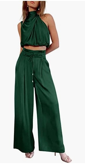 Women's 2-piece set, summer casual sleeveless collar exposed navel top, wide leg pants set