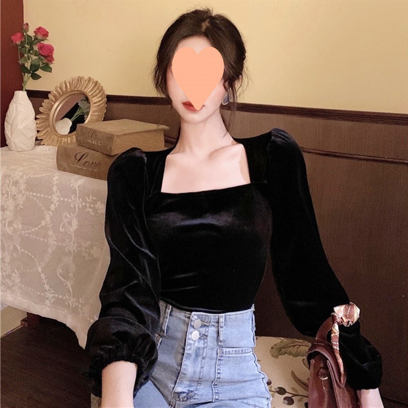 Black Flannel Blouses Women Vintage Lantern Puff Sleeve Velvet Shirts Female French Style Square Collar Tops