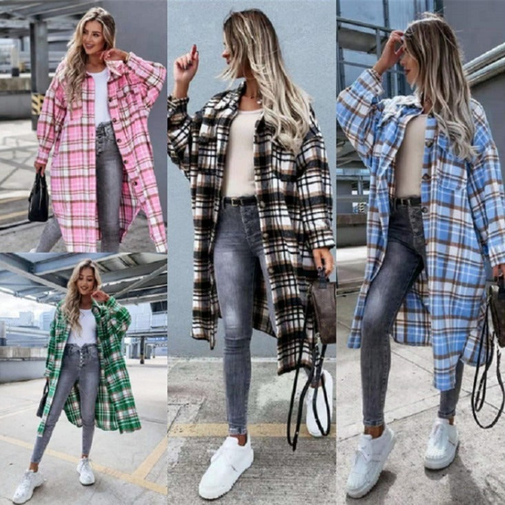 Checkered printed long shirt long sleeved dress