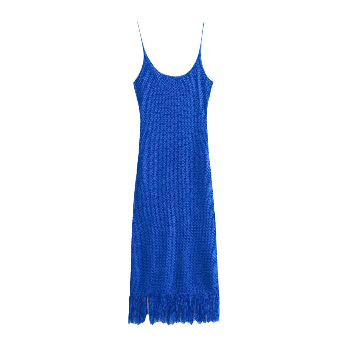 ummer Sexy Dresses Woman Trendy Blue Square Collar Tassel Decorate Sleeveless Pullover Female Knitting Long Dresses