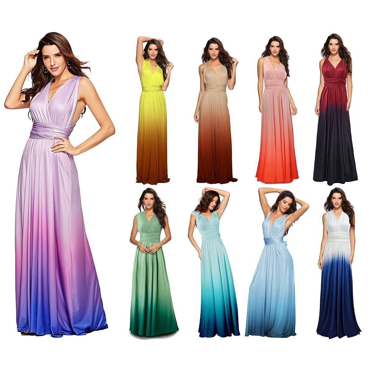 Hot selling multi wear method, cross over backless sexy strapping, gradient color long dress dress