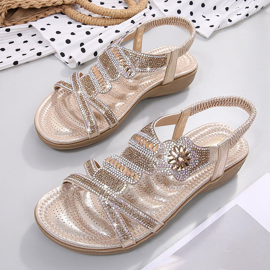 Lady Shoes Plus Size Women's Shoes Outside Flower Pattern Rhinestone Sandals Flat Plus Size Sandals