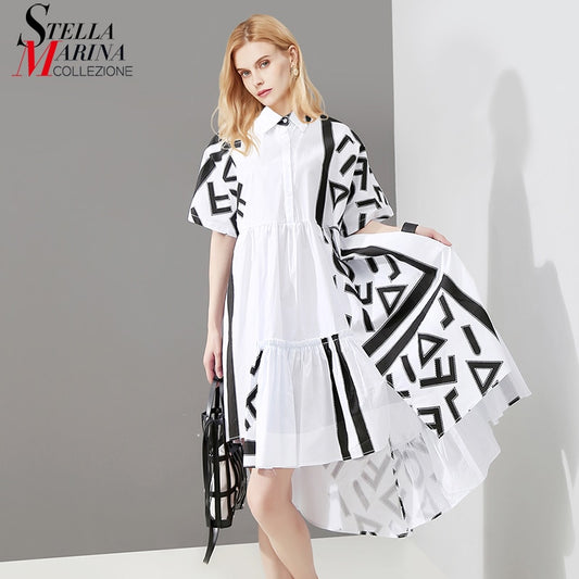 New Geometric Printed Woman Summer Stylish White Midi Shirt Dress Big Size Lapel Lady Streetwear Casual Dresses Robe Style