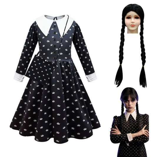 Childrens Long Sleeved Dresses Adams Family Cosplay Girls Lapel Mid Length Dresses