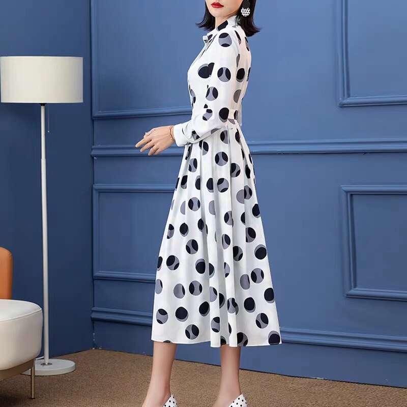 Celebrity stylish turn down collar polka dot white elegant midi dresses fashion robe Office Lady clothing OL dress