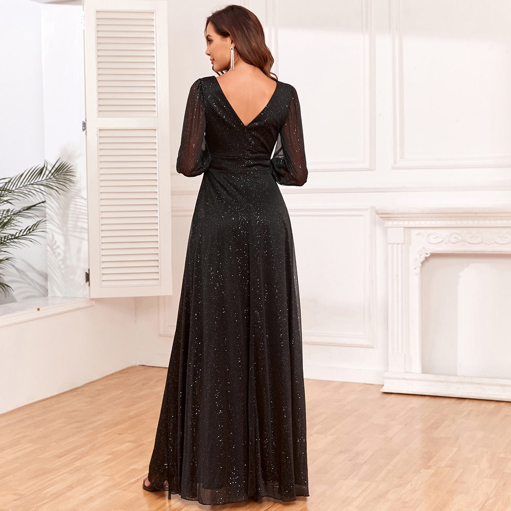 Trendy Luxury Evening Dresses Tulle Long Sleeve V-neck Split A-line Lined prom dresses Shiny Black Bridesmaid Dresses