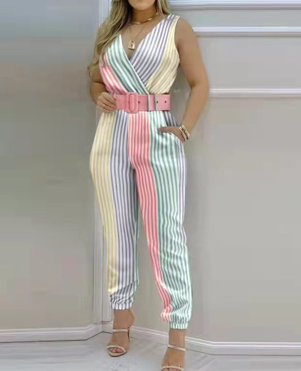 New European and American Womens Printed Jumpsuit Pants With Belt