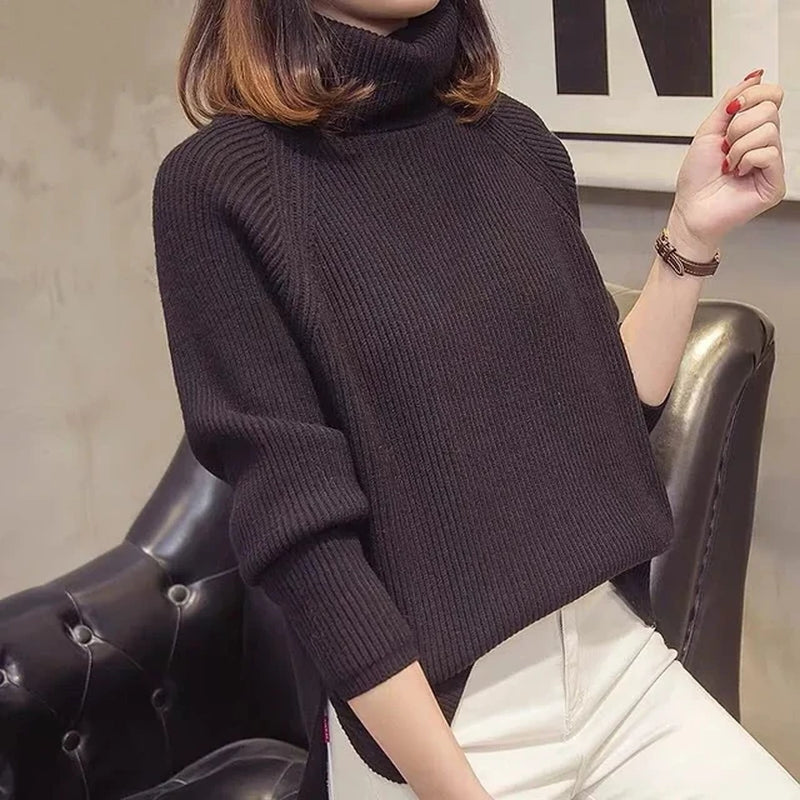 Autumn Winter Women'S High-Neck Knitting Sweater Pullover Female Loose Version Set Thick Warm Shirt Long Sleeves Blue Clothes