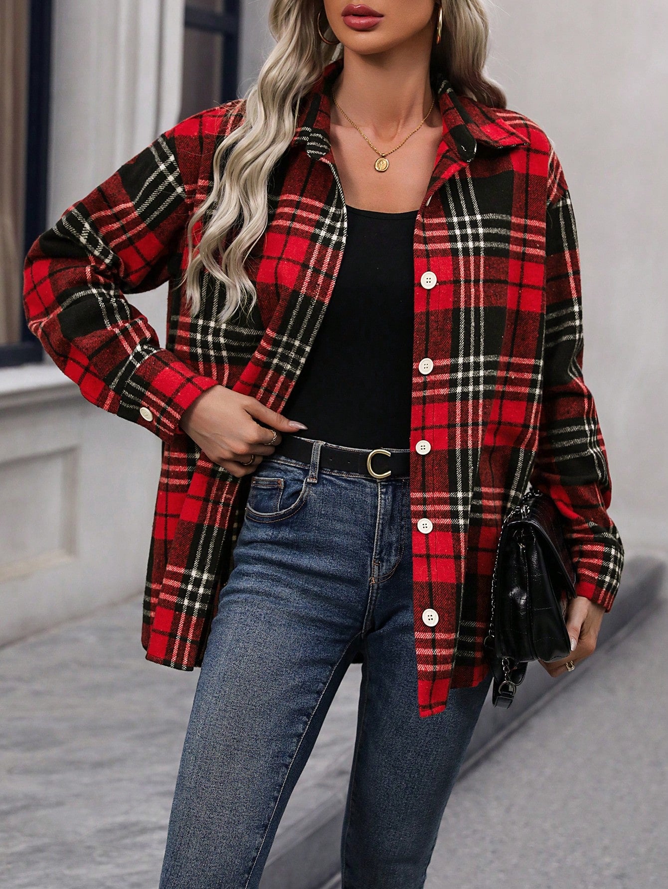 SHEIN LUNE Loose Fit Plaid Casual Shirt