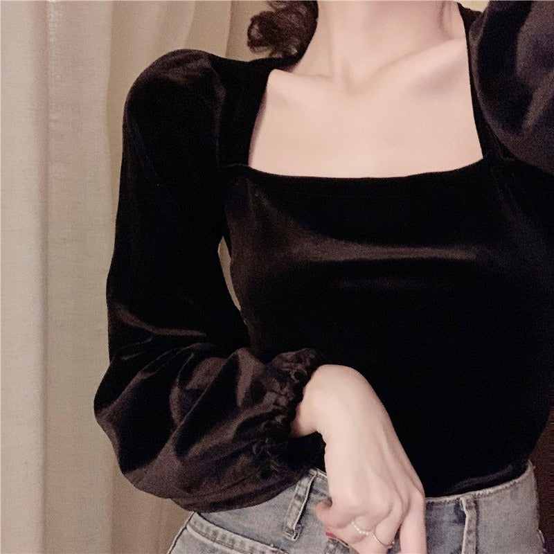 Black Flannel Blouses Women Vintage Lantern Puff Sleeve Velvet Shirts Female French Style Square Collar Tops