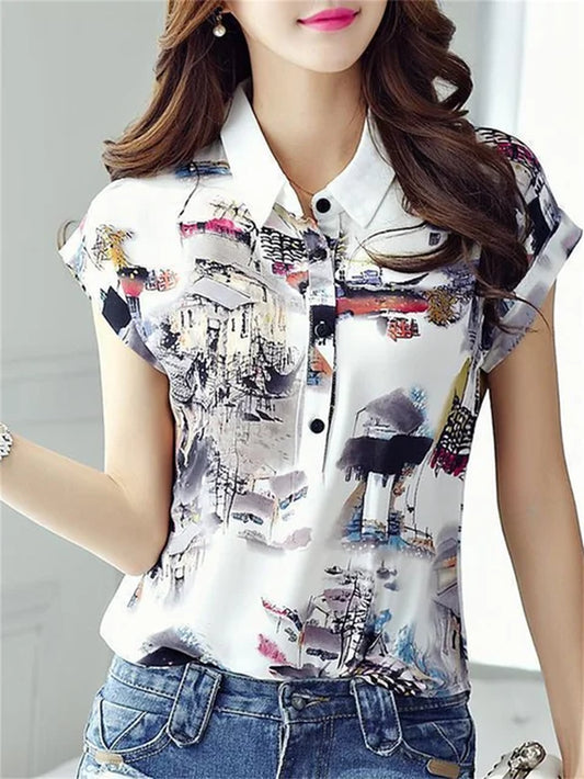 Women Spring Summer Style Chiffon Blouses Shirt Lady Casual Short Sleeve Turn-Down Collar Printed Casual Loose Tops DF3548