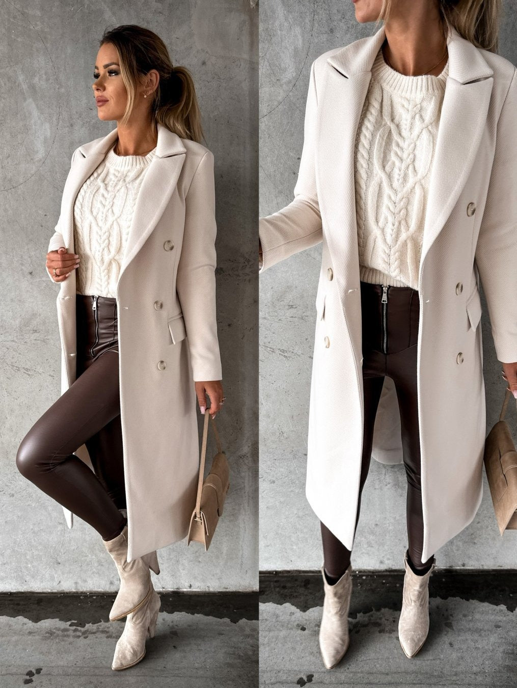 Autumn and winter fashionable and minimalist long sleeved double breasted woolen jacket for women