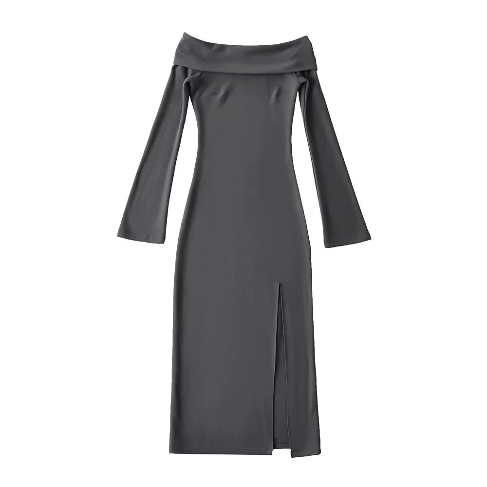 French vintage double-sided aussie fleece one-shoulder dress long sleeves pure slit wrap hip skirt women