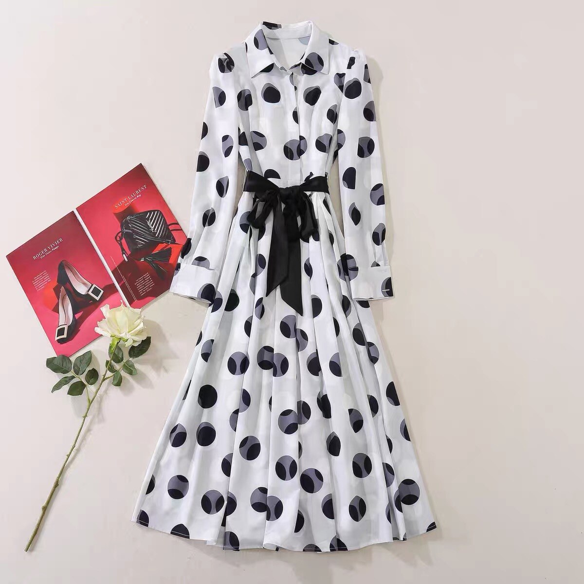 Celebrity stylish turn down collar polka dot white elegant midi dresses fashion robe Office Lady clothing OL dress