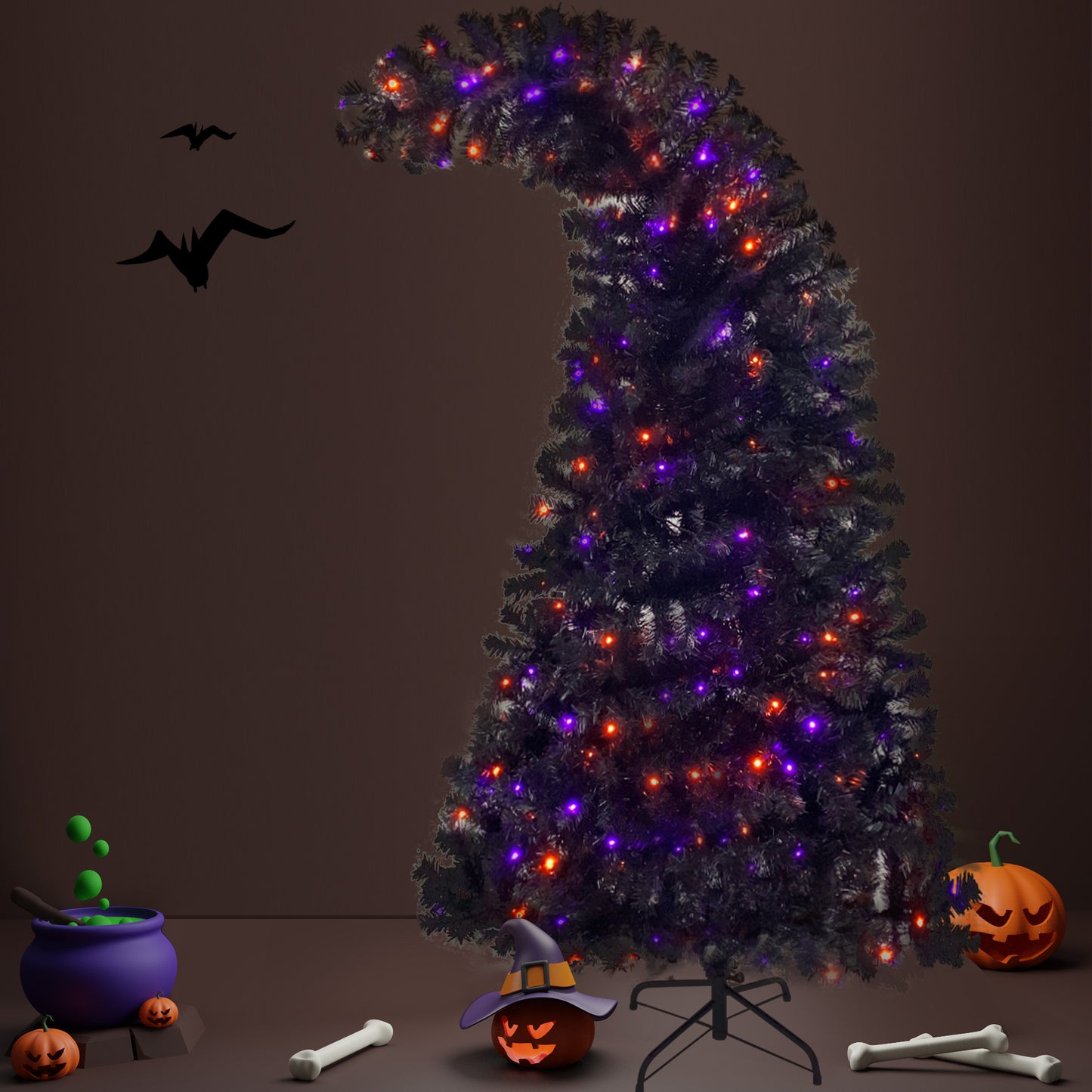 6FT artificial fir curved top Halloween tree, with 1080 lush branch tips and 300 LED lights in a Christmas and Halloween style