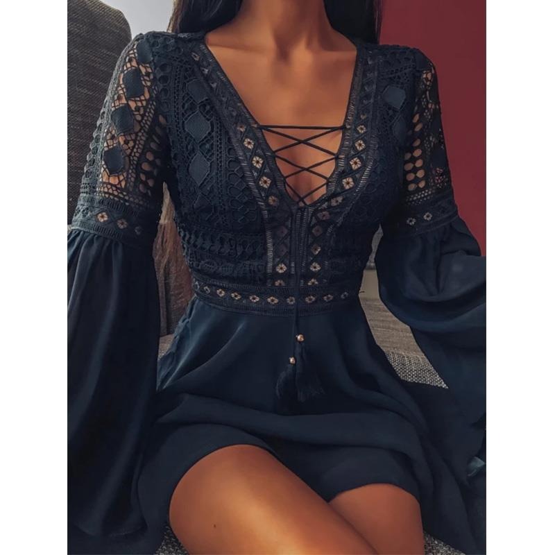 Long sleeved V-neck lace up hollowed out dress