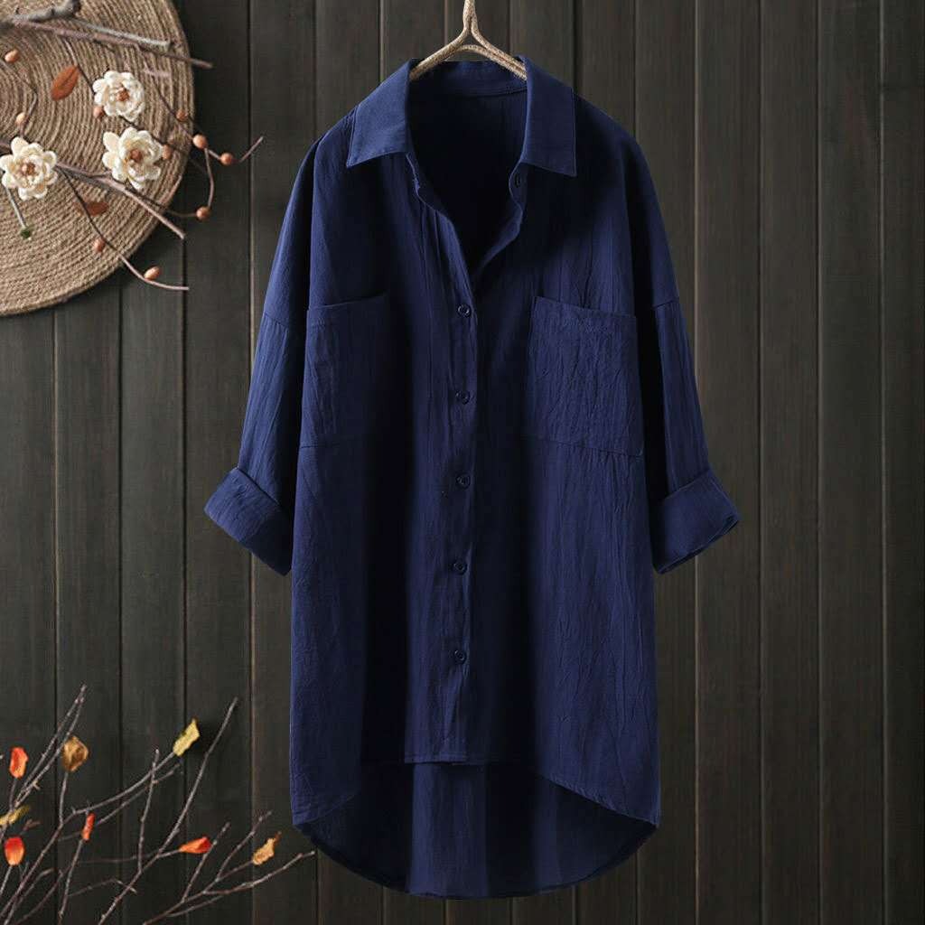 Spring and Autumn New Japanese and Korean Temperament Solid Color Art Retro Front Short Back Long Shirt Long sleeved Cotton Linen Shirt