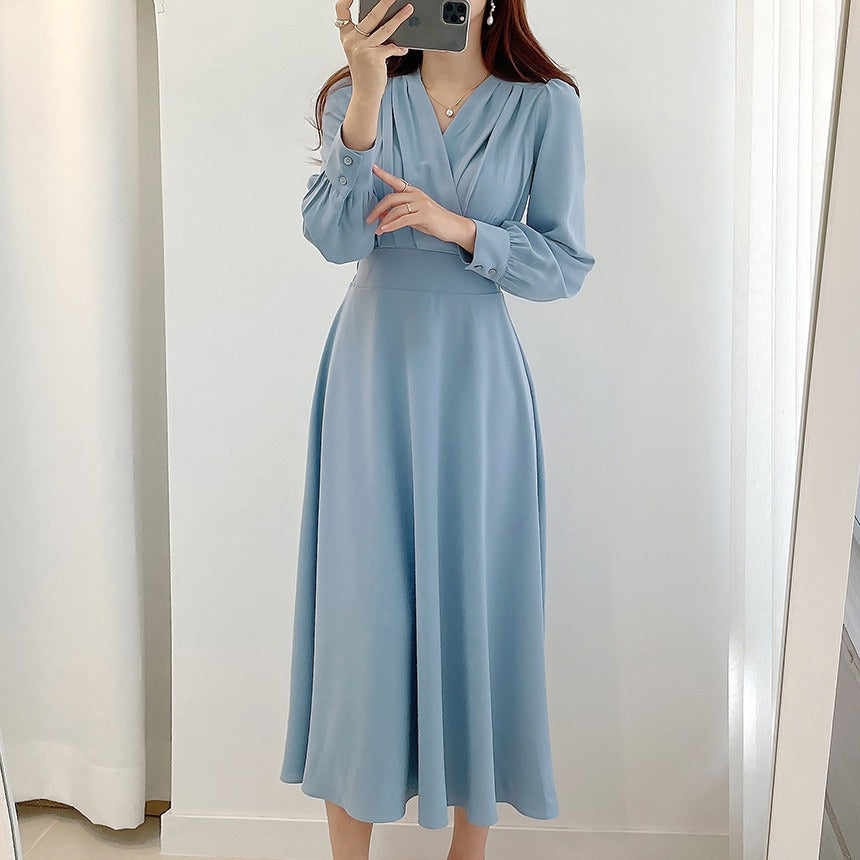 V-neck cross pleated mid length bubble sleeve dress for women