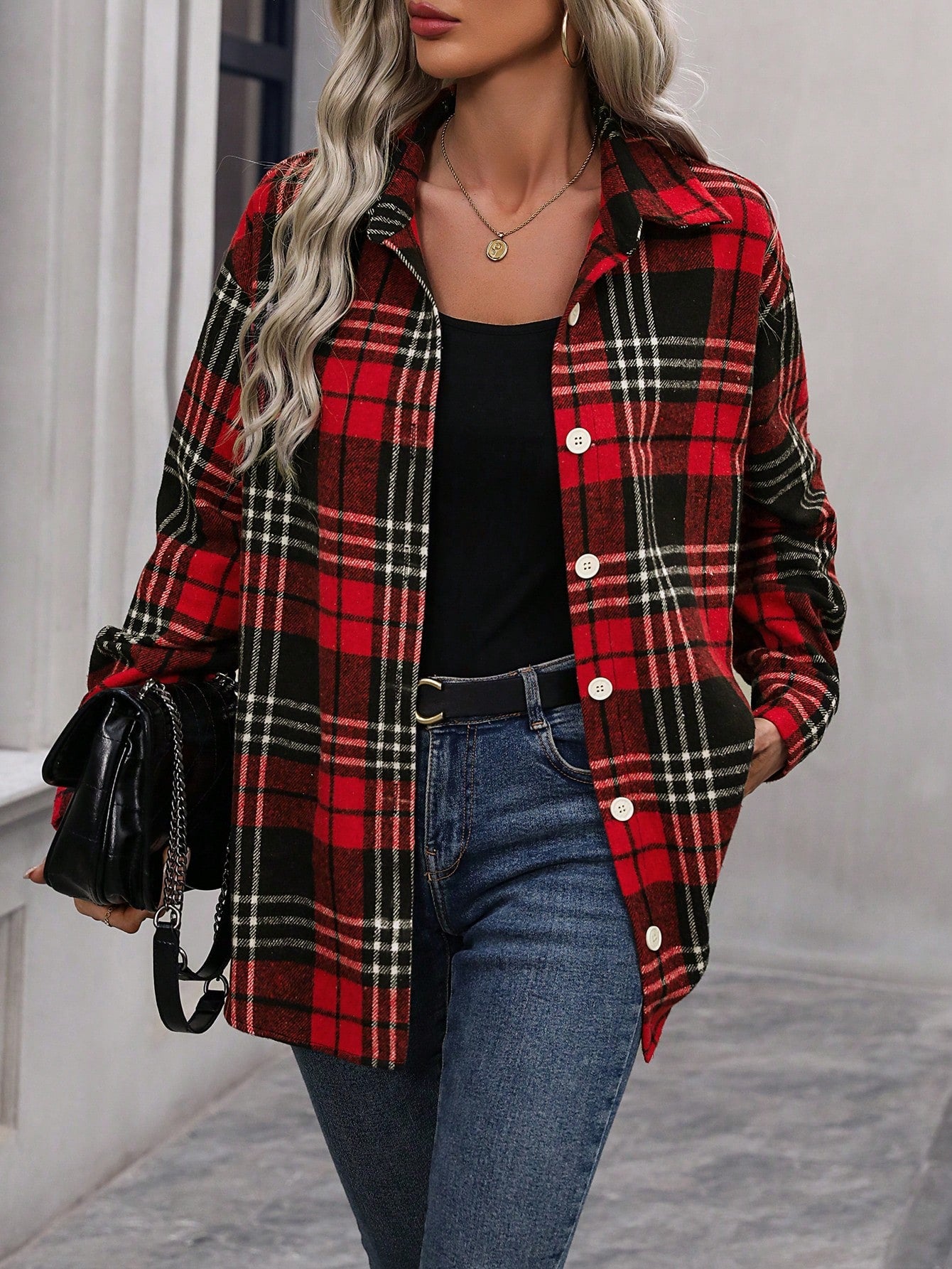 SHEIN LUNE Loose Fit Plaid Casual Shirt