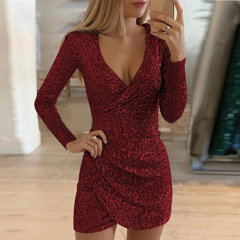 Sexy V-neck with buttocks and irregular sequin dress