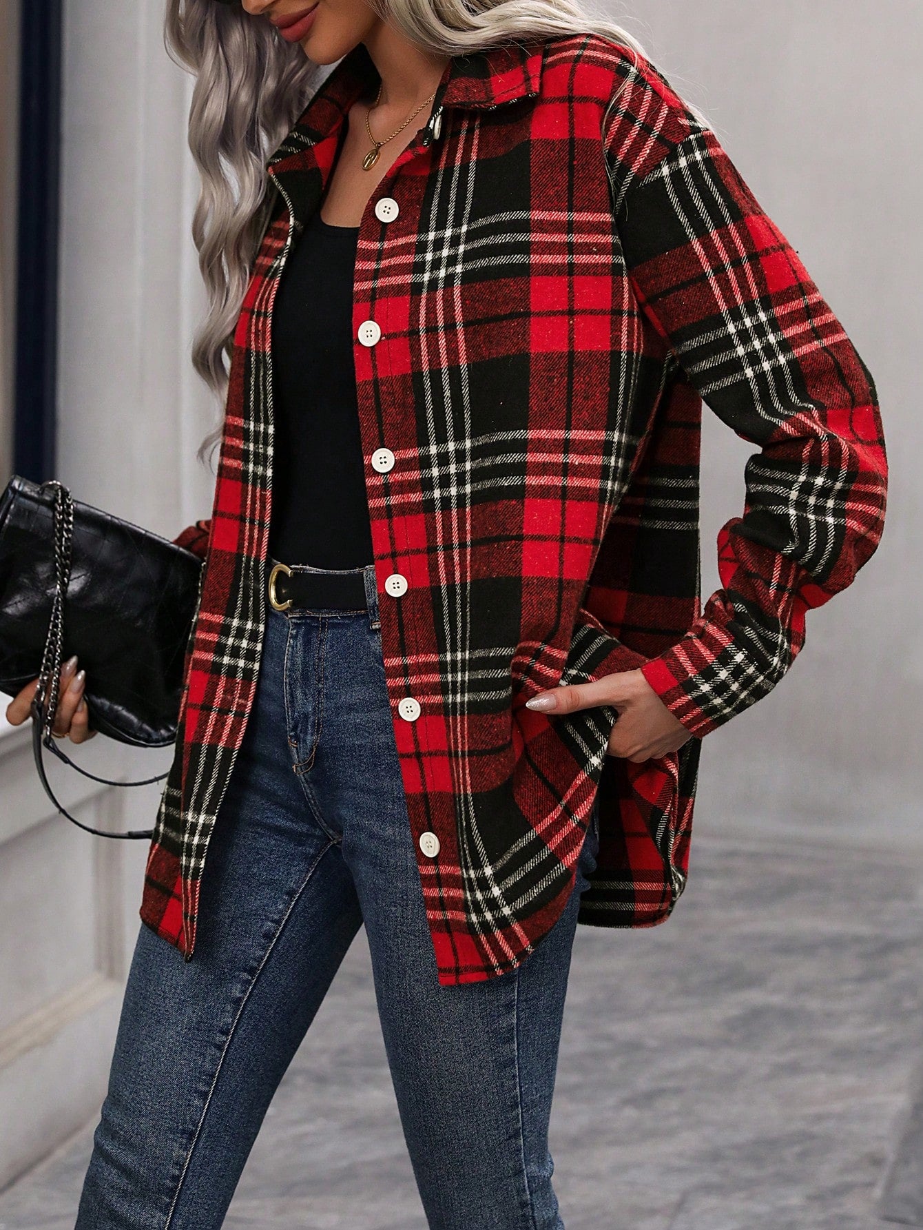 SHEIN LUNE Loose Fit Plaid Casual Shirt