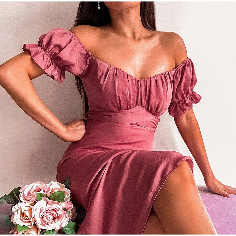 Summer Women's Dress  Sexy Off Shoulder Solid White A-Line High Waist Short Petal Sleeve Elegant Office Lady Dresses Party