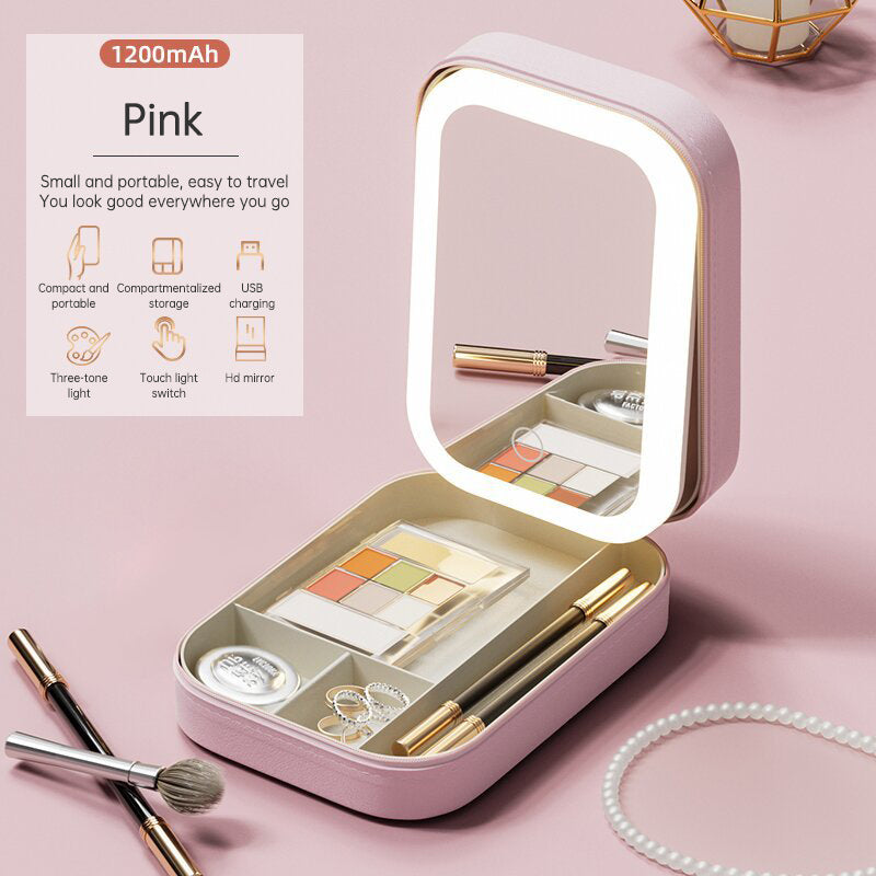 Multi-purpose Portable LED Makeup Mirror Travel Cosmetics Storage Box Smart Touch Vanity Mirror For Girl