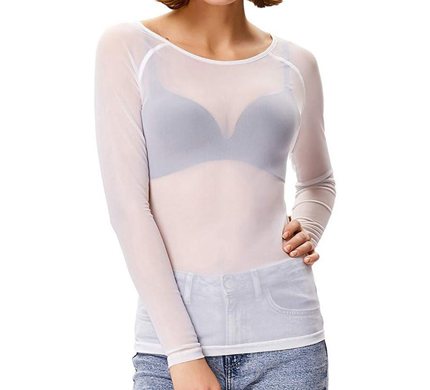 Mesh bottom shirt for women's long sleeved thin mesh shirt elastic top for women's clothing