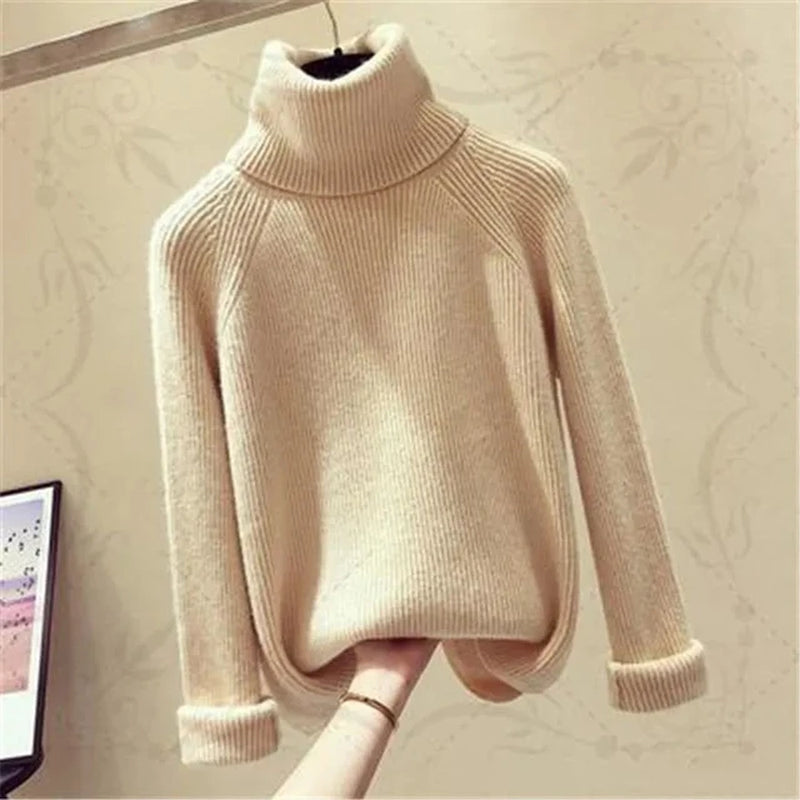 Autumn Winter Women'S High-Neck Knitting Sweater Pullover Female Loose Version Set Thick Warm Shirt Long Sleeves Blue Clothes