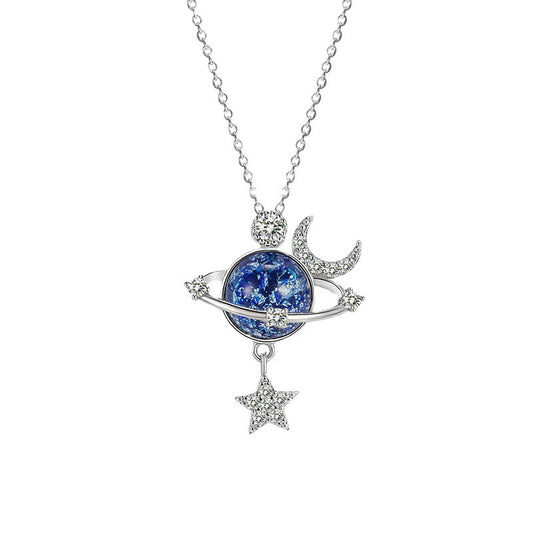 Fantasy Universe Planet Necklace with Small Design Sense Star Moon Set Zirconia Lock Bone Chain Necklace