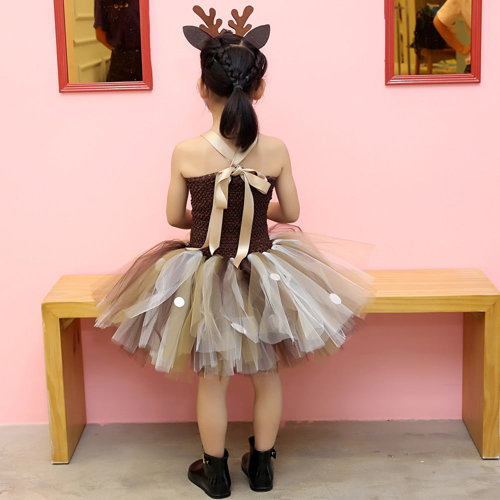 Deer Tutu Dress Baby Girls Dresses for Girls Halloween Costume For Kids Elk Cosplay Christmas Birthday Party Dress With Headband