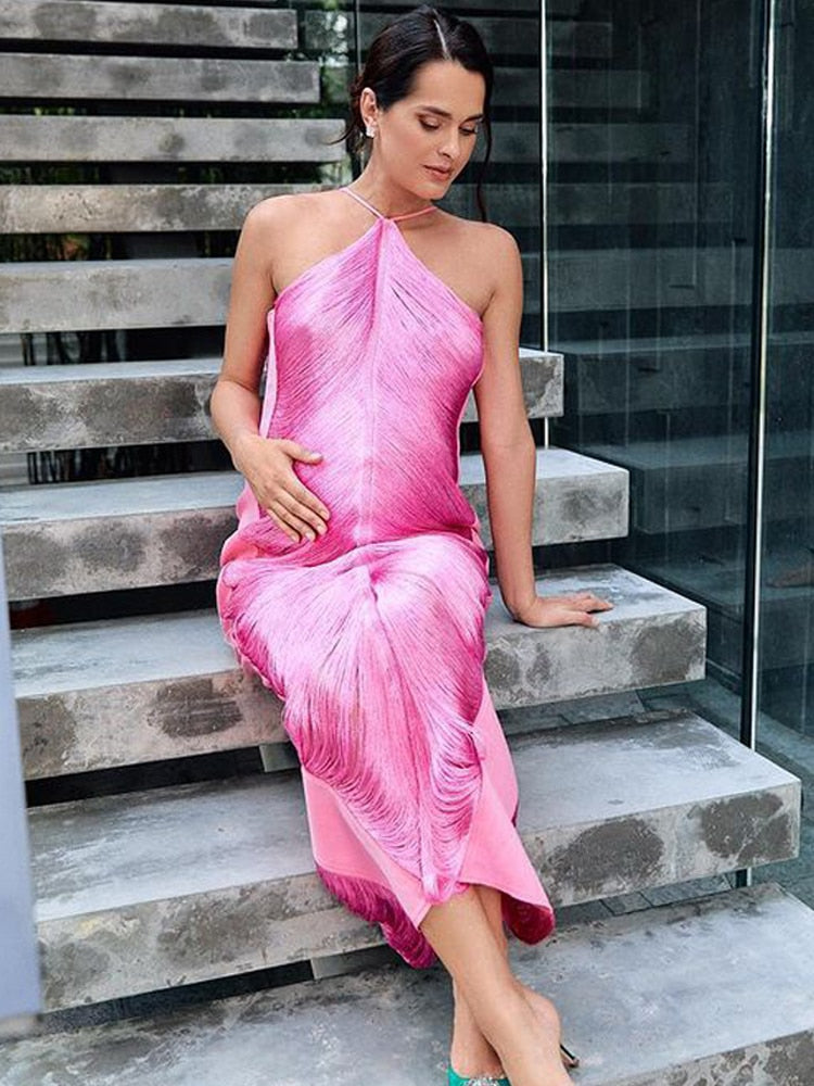 Sexy Tassel Dress Women Party Fringe Pink Long Backless Bodycon Female Dresses Summer Cut Out Sleeveless Lady Dress