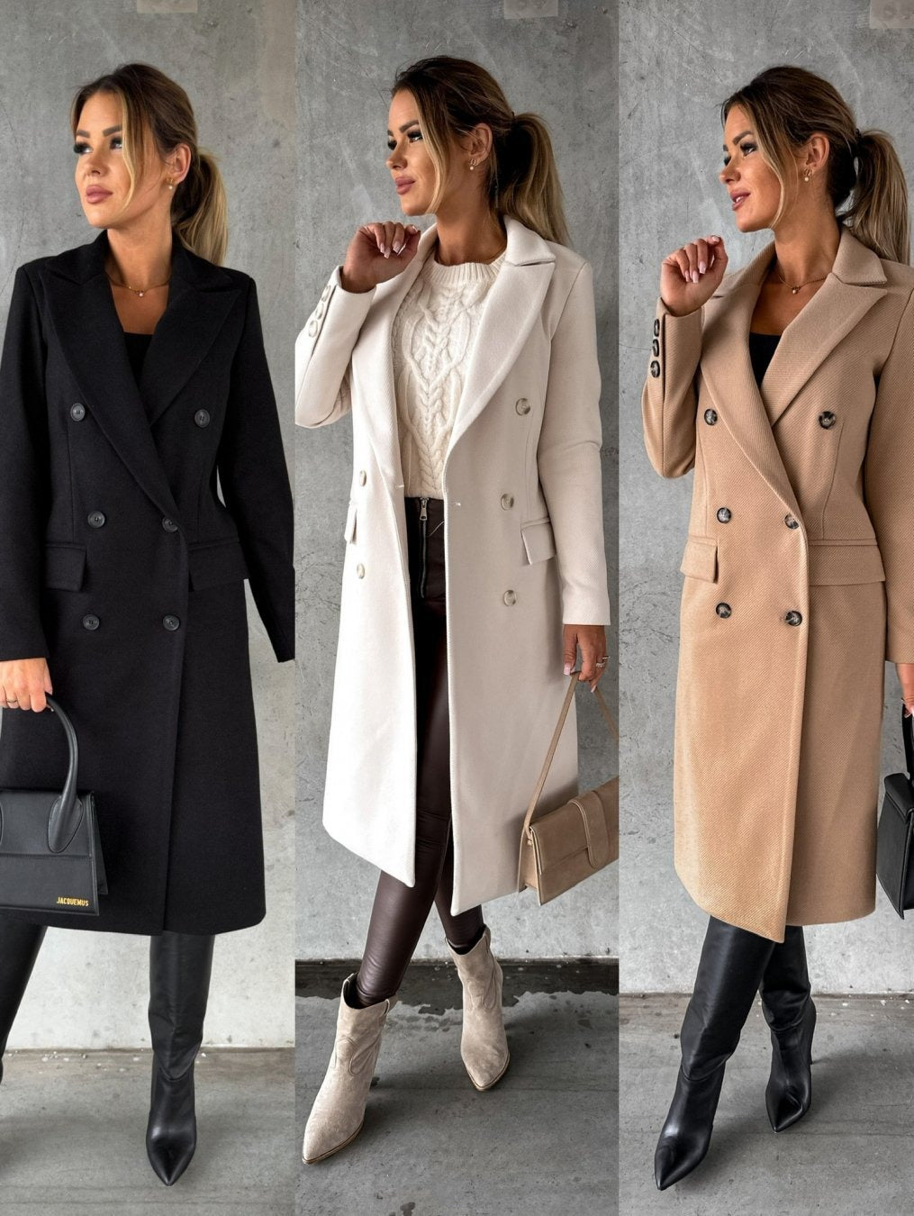 Autumn and winter fashionable and minimalist long sleeved double breasted woolen jacket for women