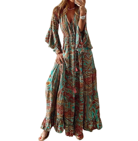 Bohemian retro printed high waisted holiday floral floral 3/4 sleeve dress for women