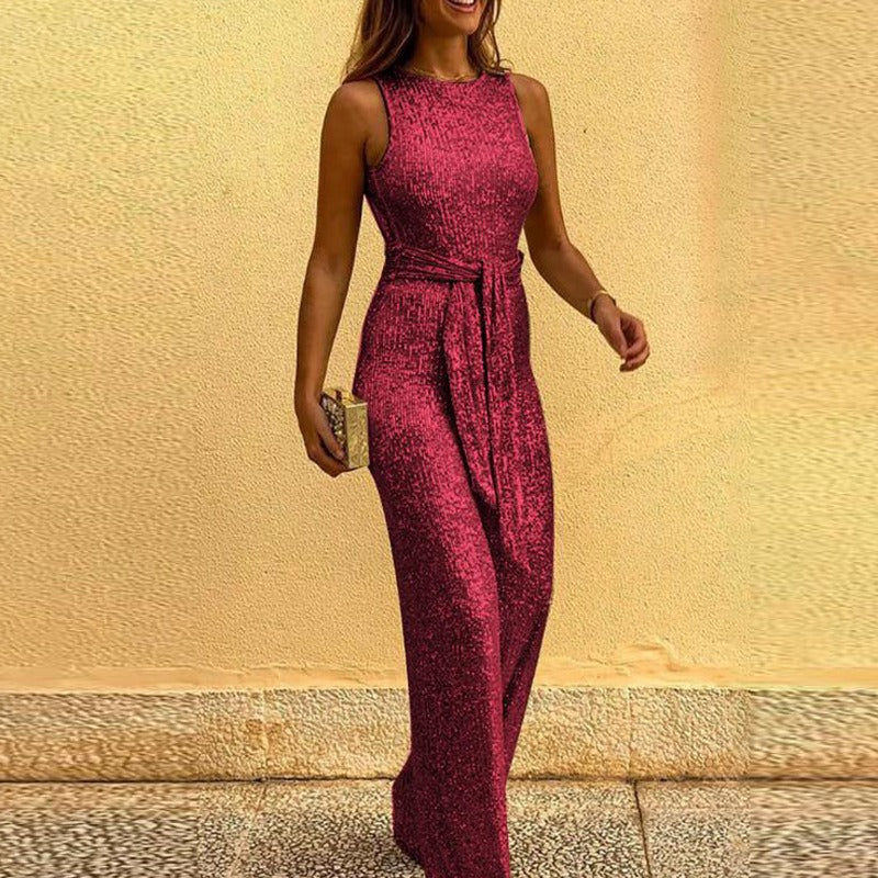 Round neck sleeveless personalized sequin silver dot jumpsuit