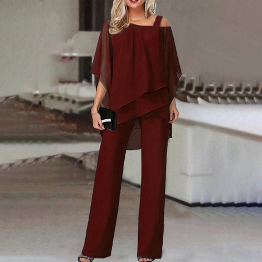 Women's New European and American Fashion Solid Color Loose Leisure Bat Sleeve Long Pants Irregular Fashion Casual Set