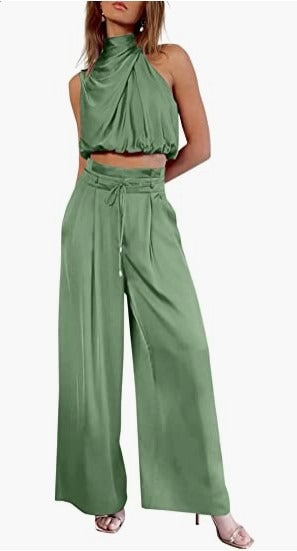 Women's 2-piece set, summer casual sleeveless collar exposed navel top, wide leg pants set