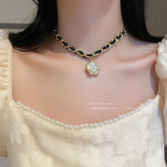 Camellia flower drop glaze pearl Korean pastoral style clear necklace