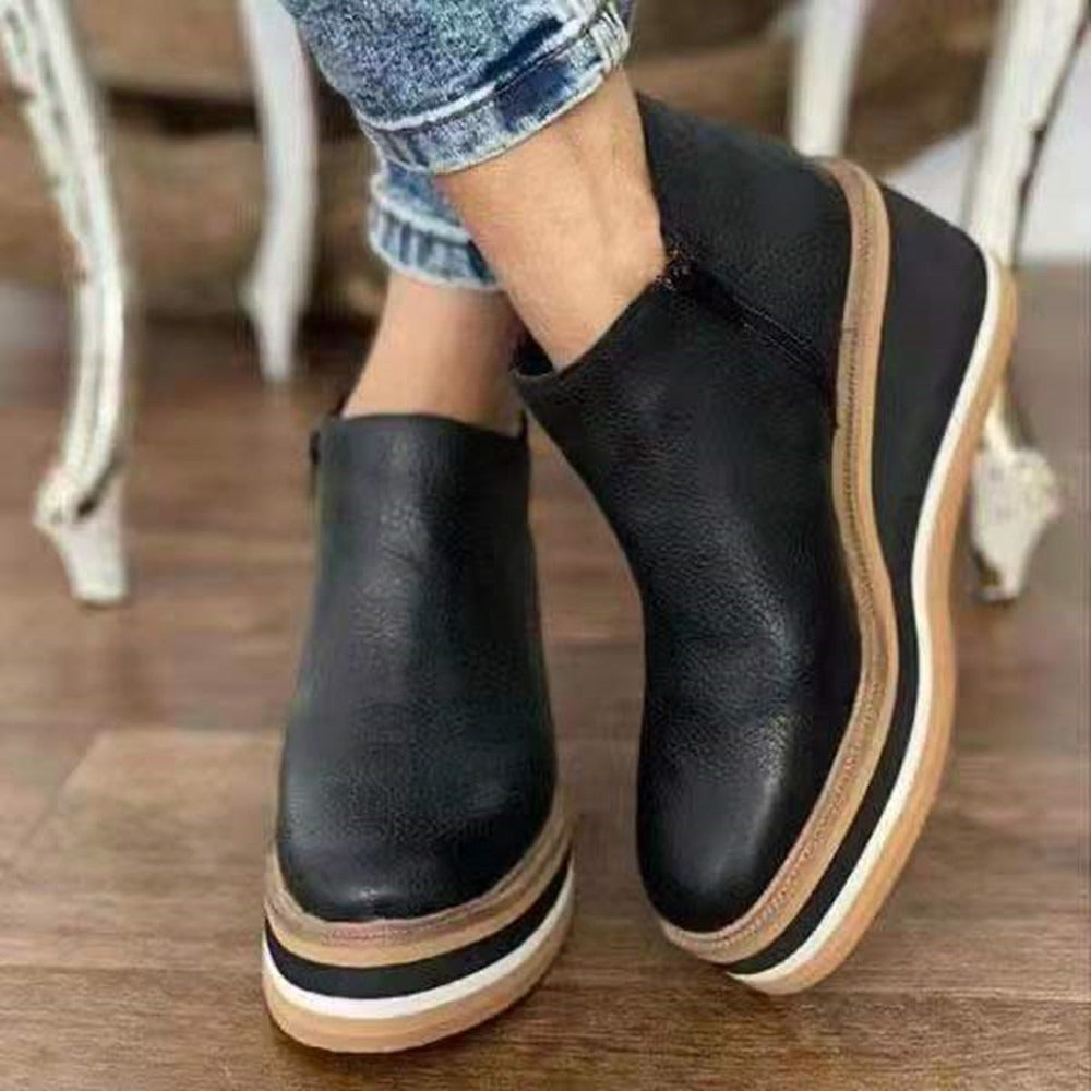 Autumn and Winter New Short Boots Large Women's Shoes Round Toe Thick Sole Slope Heel Side Zipper Casual Boots