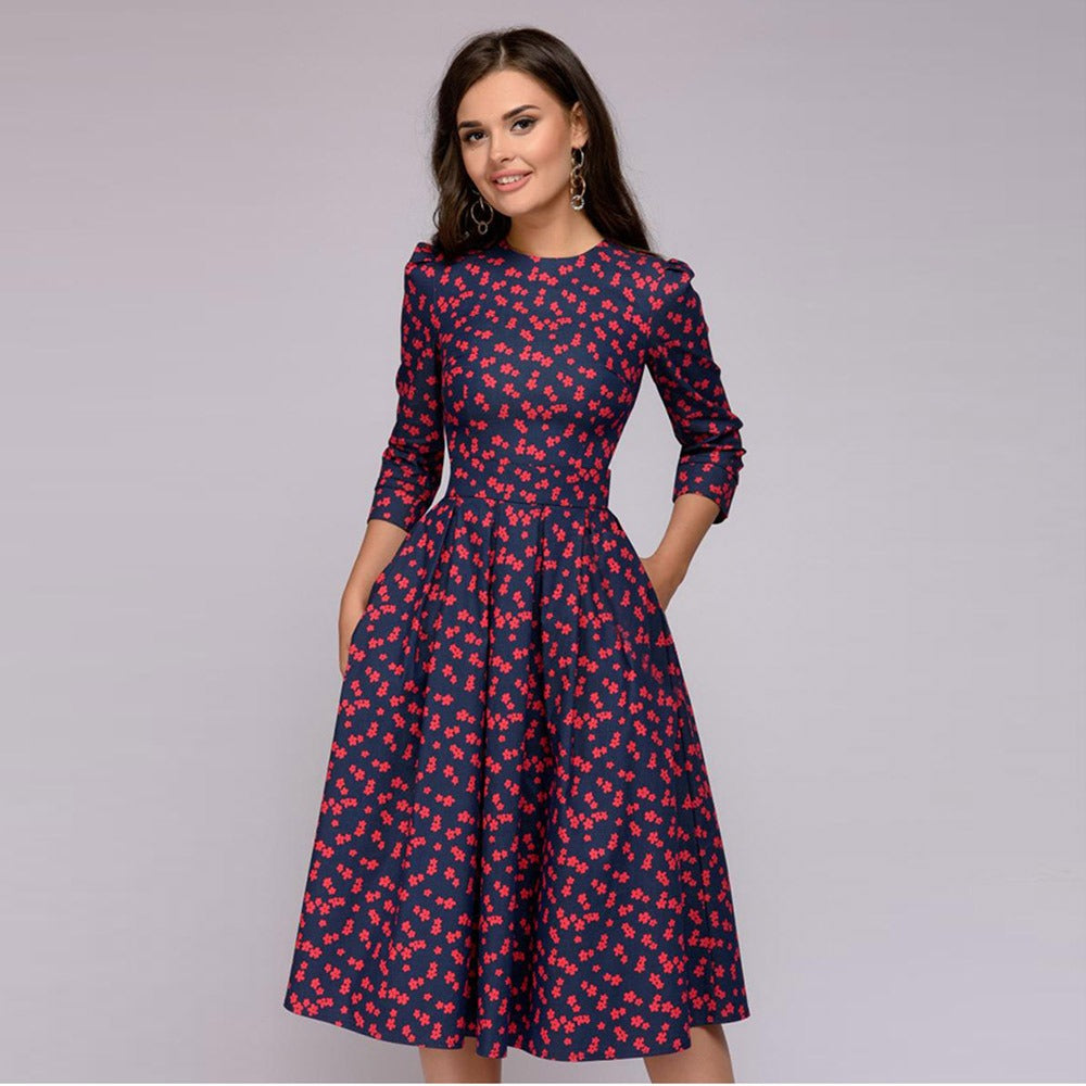 Retro Small Fragmented Flower 3/4 Sleeve Round Neck Dress