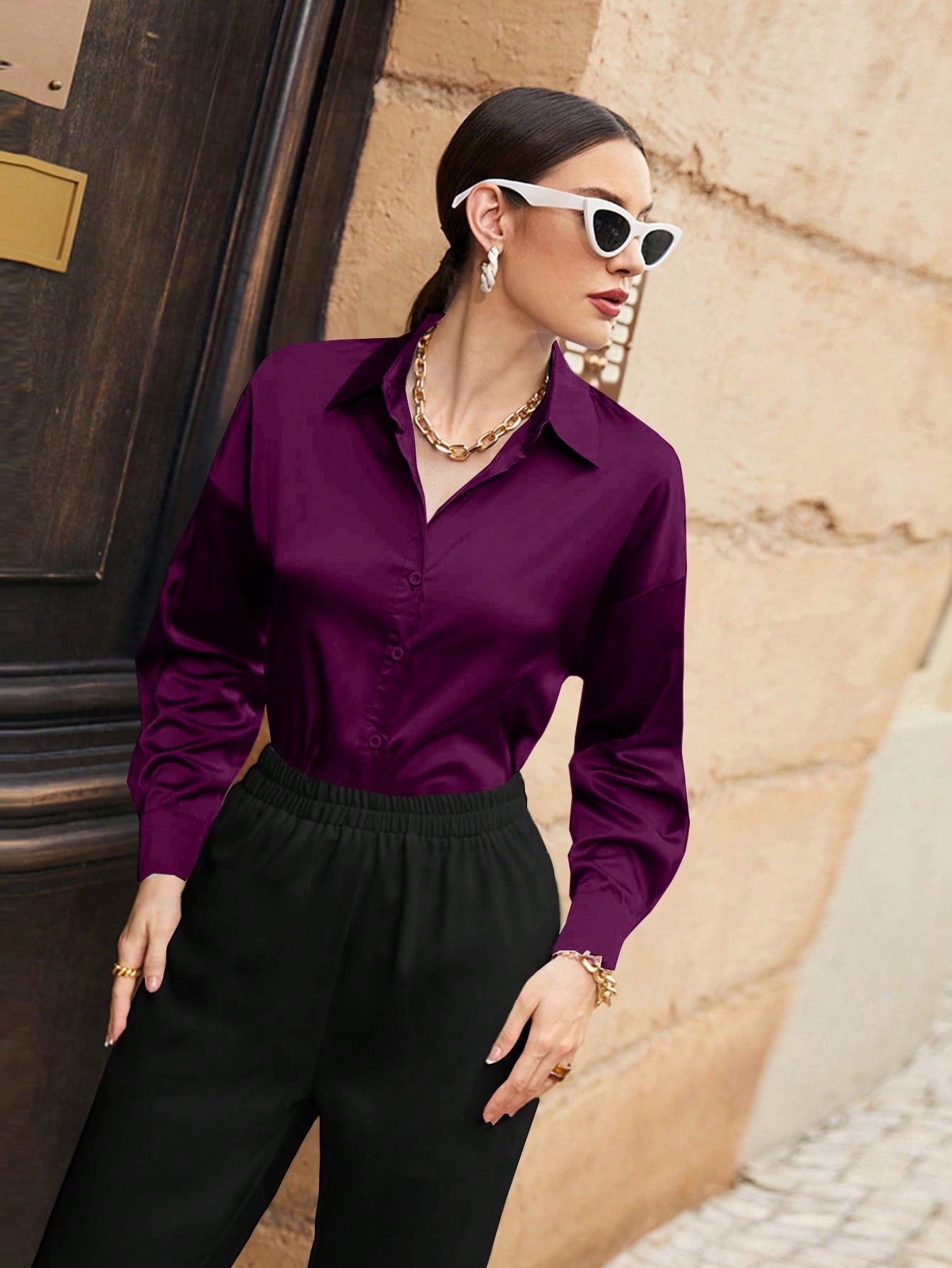 SHEIN Mulvari Solid Color Long Sleeve Casual Shirt