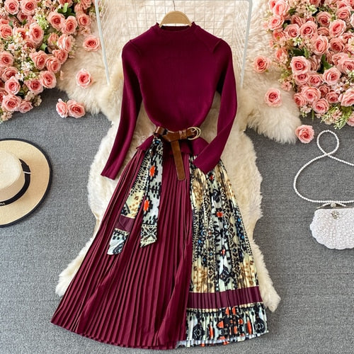 Belt Pleated Dress Summer Casual O Neck A Line Lady Full Dress High Waist Mid Calf Women Sweater Medium Dresses