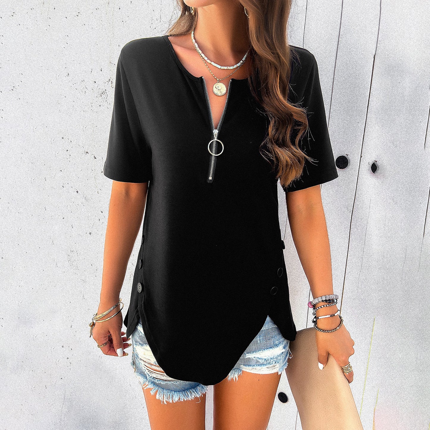 Casual women's spring summer casual solid color short-sleeved top