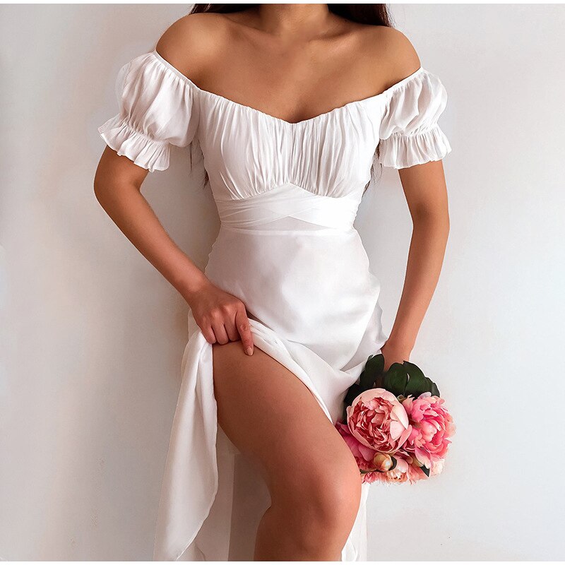 Summer Women's Dress  Sexy Off Shoulder Solid White A-Line High Waist Short Petal Sleeve Elegant Office Lady Dresses Party