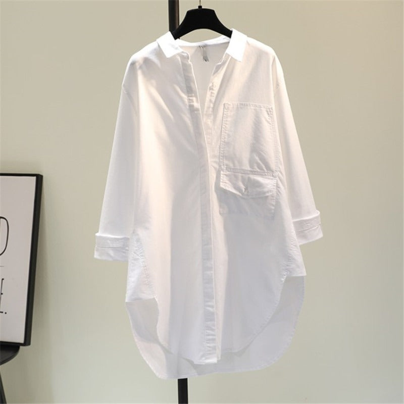 Design Sense White Fashion Front Short Back Long Shirt Women's  Spring And Autumn New Korean Loose Fashion Casual Shirt