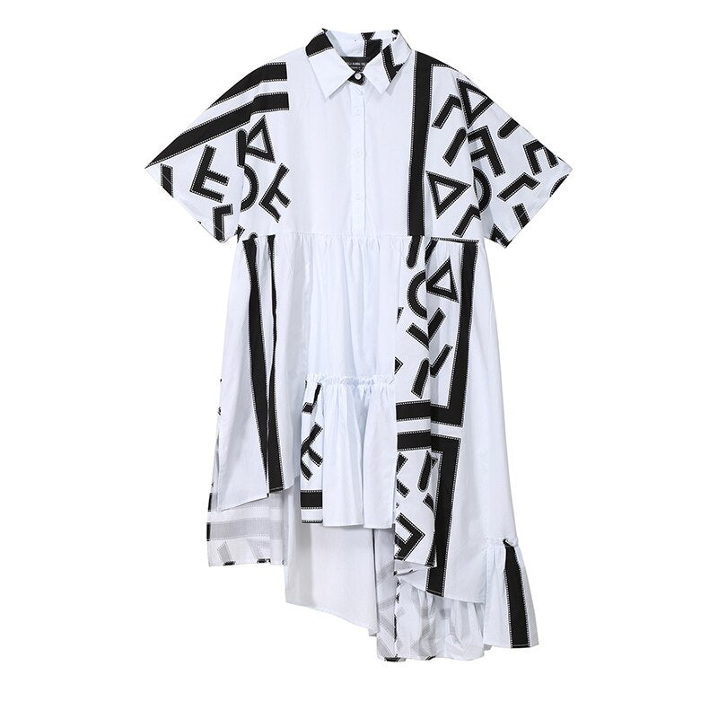 New Geometric Printed Woman Summer Stylish White Midi Shirt Dress Big Size Lapel Lady Streetwear Casual Dresses Robe Style