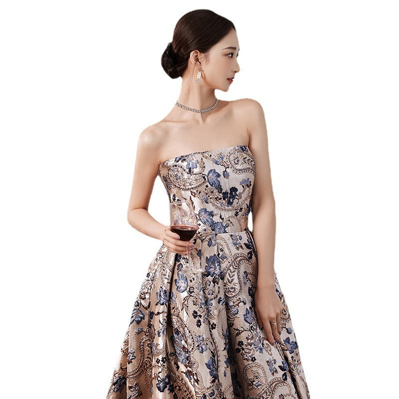 Jacquard Printed Satin With Train Princess Sleeveless Strapless A Line Long Celebrity Prom Ball Gowns