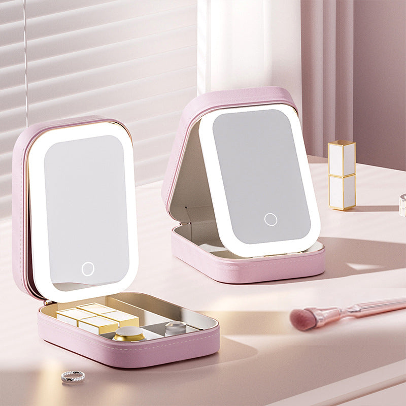 Multi-purpose Portable LED Makeup Mirror Travel Cosmetics Storage Box Smart Touch Vanity Mirror For Girl